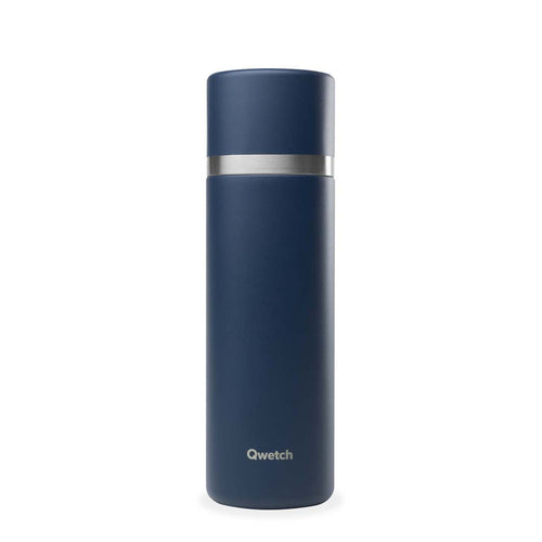A compact Qwetch insulated stainless steel flask in dark blue, with a double-walled lid that can also be used as a cup | Little Twidlets