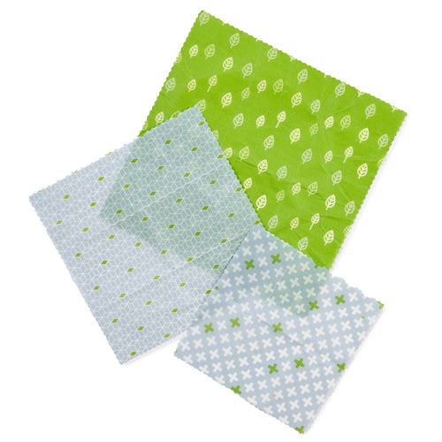Three vegan food wraps with green and blue patterns on a white background | Hadley Green Home