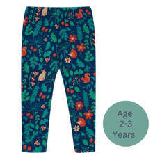 Load image into Gallery viewer, Children's leggings with a colorful forest pattern on a blue background, suitable for ages 2-3 years. | Hadley Green Home
