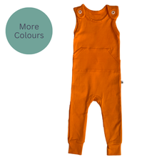Load image into Gallery viewer, Orange Beeboobuzz  children's overall dungarees on a white background with a 'More Colours' option. | Hadley Green Home

