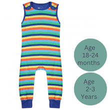Load image into Gallery viewer, Colorful striped romper with size labels for ages 18-24 months and 2-3 years on a white background. Piccalilly | Hadley Green Home
