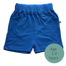 Load image into Gallery viewer, Blue Beeboobuzz shorts with an age label indicating 1-2 years on a white background | Hadley Green Home
