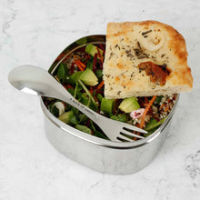 Load image into Gallery viewer, Lifestyle picture of a metal lunch box and stainless steel spork with A slice of Green Branding on | Hadley Green Home
