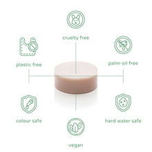 Load image into Gallery viewer, Picture of Nope conditioner bar with green icons indicating plastic-free, cruelty-free, palm-oil-free, color-safe, hard water safe, and vegan certification on a white background. | Hadley Green Home 
