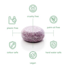 Load image into Gallery viewer, Purple shampoo bar with green icons indicating sustainability features on a white background | Hadley Green Home 
