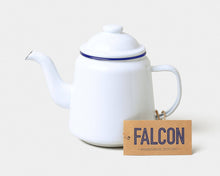 Load image into Gallery viewer, White teapot with blue rim and handle, accompanied by a &#39;Falcon&#39; branded tag on a light background | Hadley Green home

