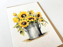 Load image into Gallery viewer, Card with sunflower design featuring a metal bucket on a white background for any occasion, birthday, with symphony, good luck | Planet Wrap It | Hadley Green Home 
