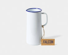 Load image into Gallery viewer, White enamel jug with blue rim and handle, featuring a &#39;Falcon&#39; tag on a white background. | Hadley Green Home

