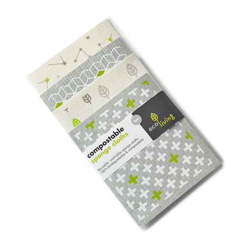 Pack of compostable sponge cloths with geometric patterns on a white background Hadley Green Home