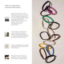 Load image into Gallery viewer, Biodegradable hair ties in various colours with environmental benefits text on a white background | Hadley Green Home
