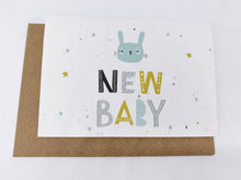 Load image into Gallery viewer, Greeting card with a rabbit illustration and 'New Baby' text on a white | background | Hadley Green Home
