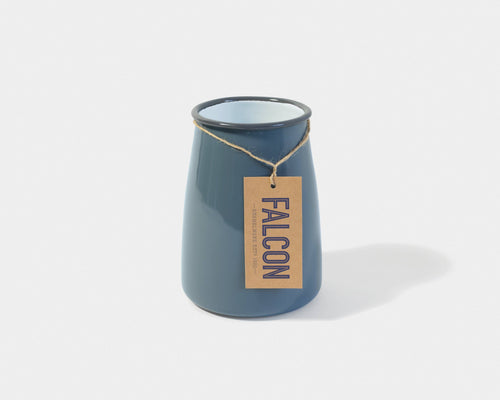 Blue vase with a 'Falcon' tag on a white background | Haldy Green Home