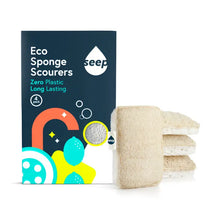 Load image into Gallery viewer, Seep Eco Sponge Scourers packaging with four sponges on a white background | Hadley Green home
