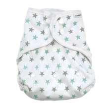 Load image into Gallery viewer, Muslinz Wrap size 2 with grey and green stars on white backound with snaps |  Hadley Green Home
