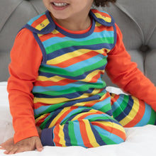 Load image into Gallery viewer, Piccalilly Dungarees for kids and children - Rainbow Stripe on child.  | Hadley Green Home
